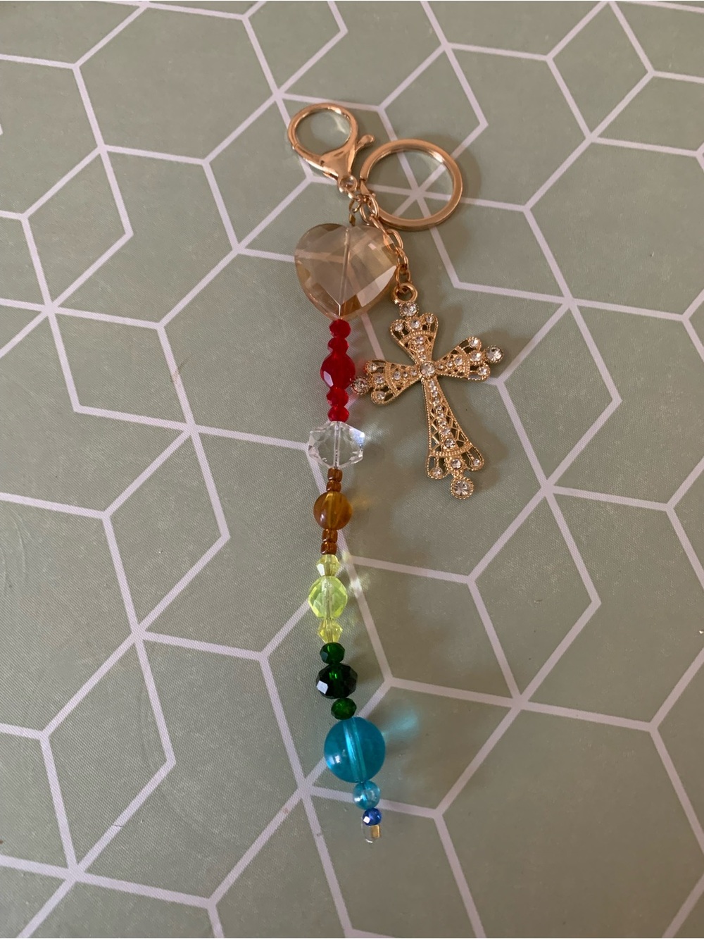 Gold Cross and Rainbow Bead Keychain Charm